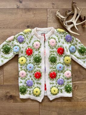 Vintage Fully Fashioned Hand Loomed Floral Wool Cardigan Sweater M | Cottagecore